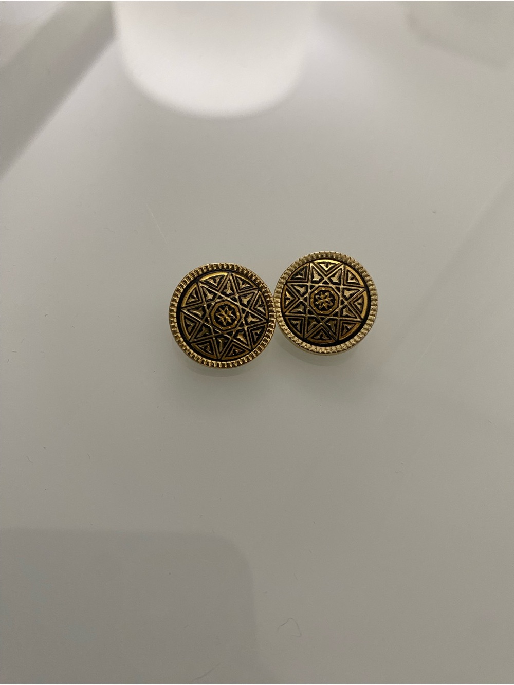 Gold Tone Round Star Medallion Earrings (Damascene Spanish Style)